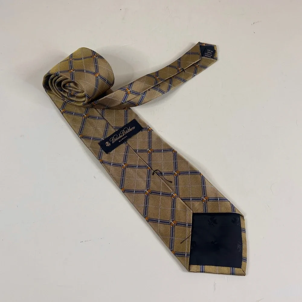 Brooks Brothers Necktie Gold Plaid Golden Fleece Silk Mens Tie 3 3/4 x 59